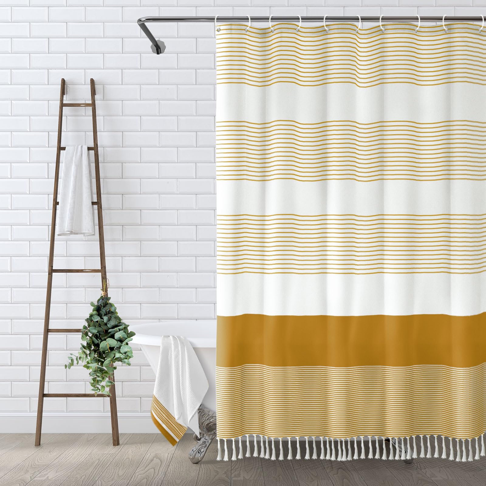 Awellife Boho Shower Curtain For Bathroom Farmhouse Natural Linen Stripe Tassel Shower Curtain (Gold, 72' W X 72' L)